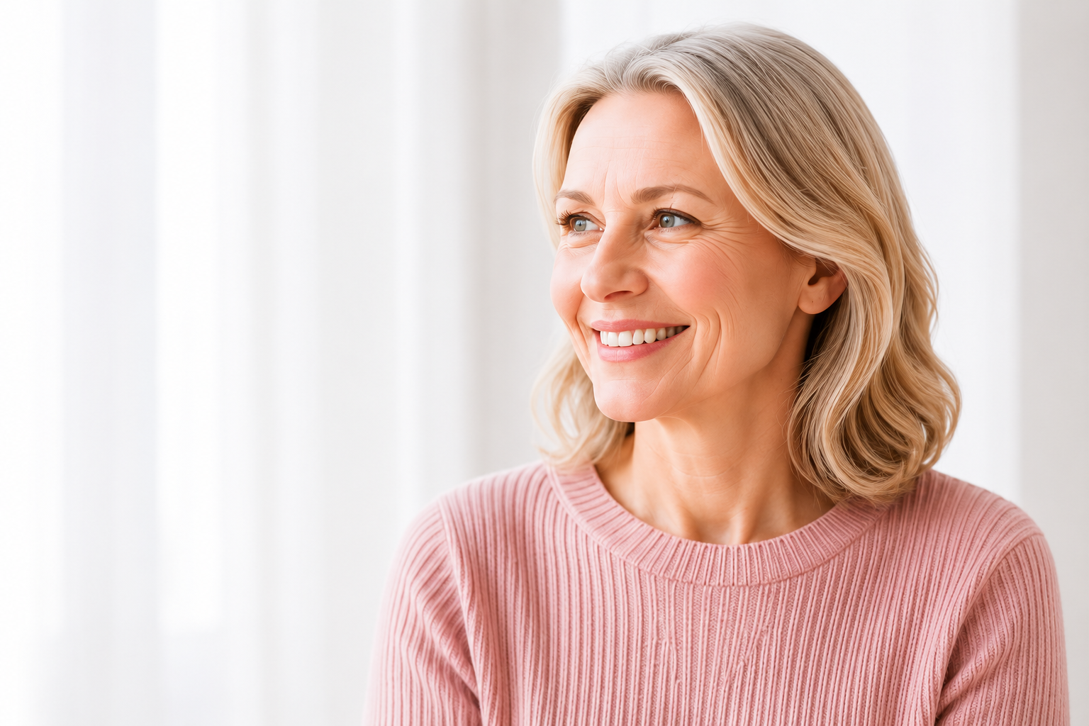 Woman in pink sweater looking forward confidently