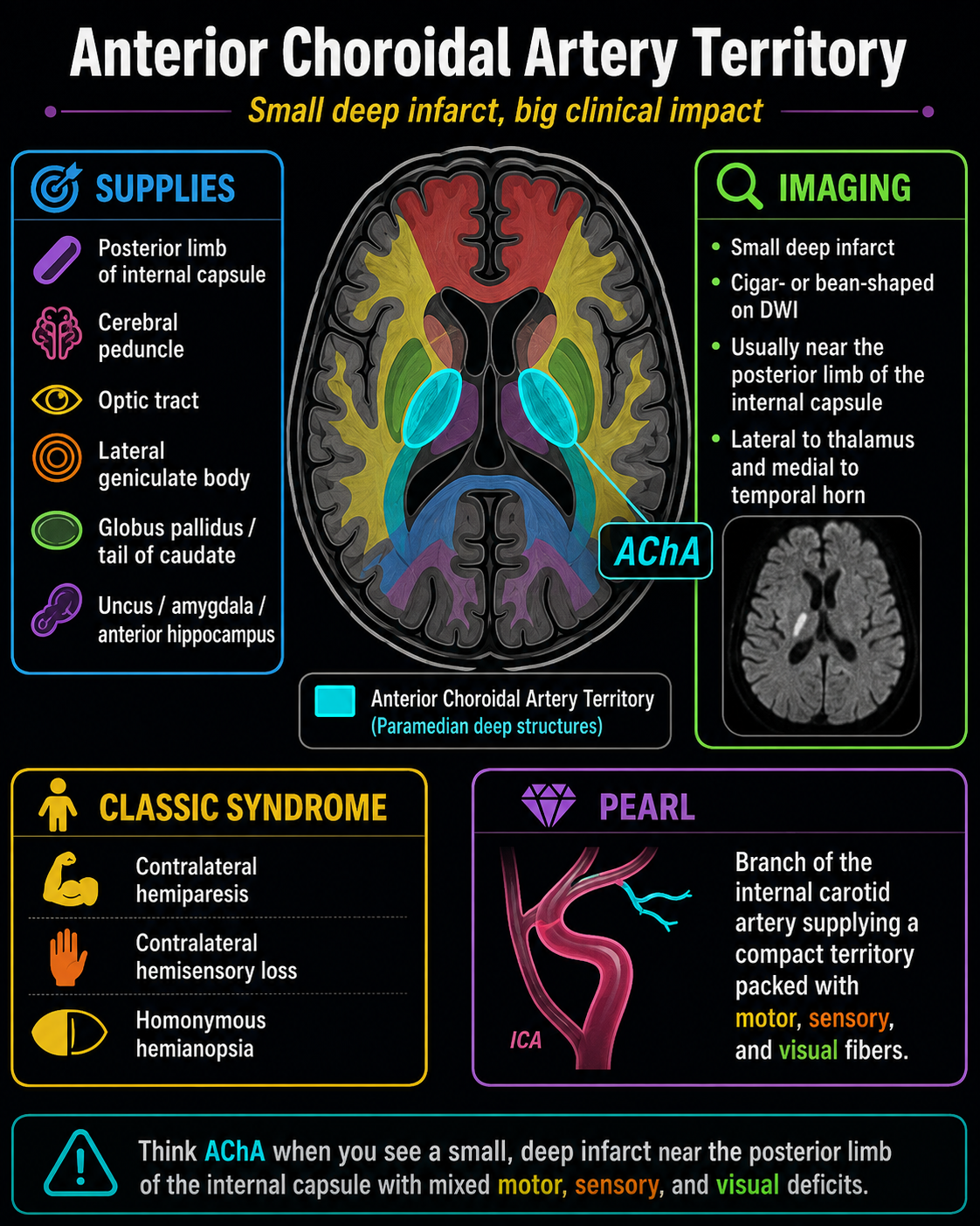 Diagram showing the deep brain territory supplied by the anterior choroidal artery
