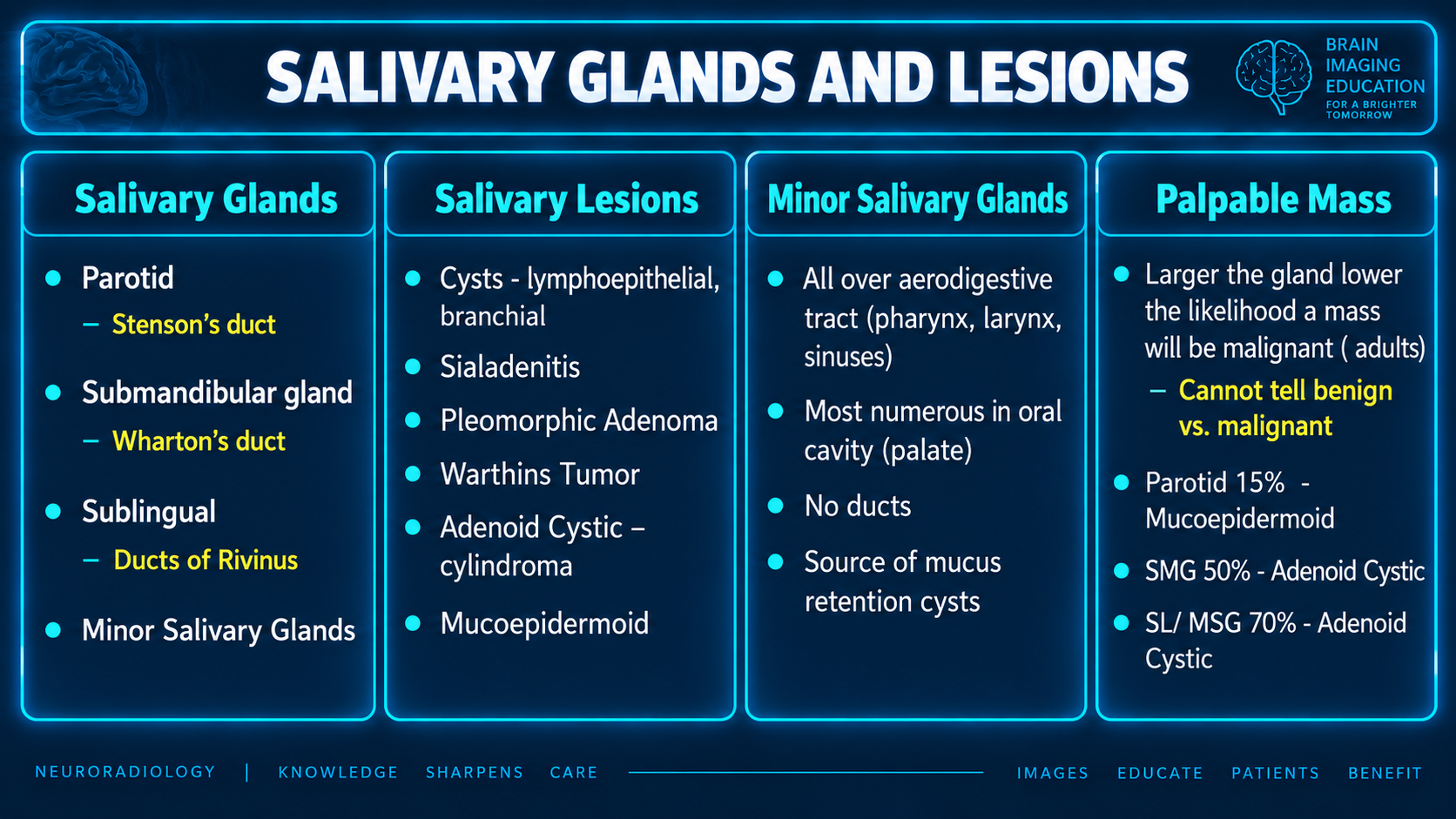 Teaching graphic listing major glands, ducts, salivary lesions, minor glands, and palpable mass malignancy percentages.