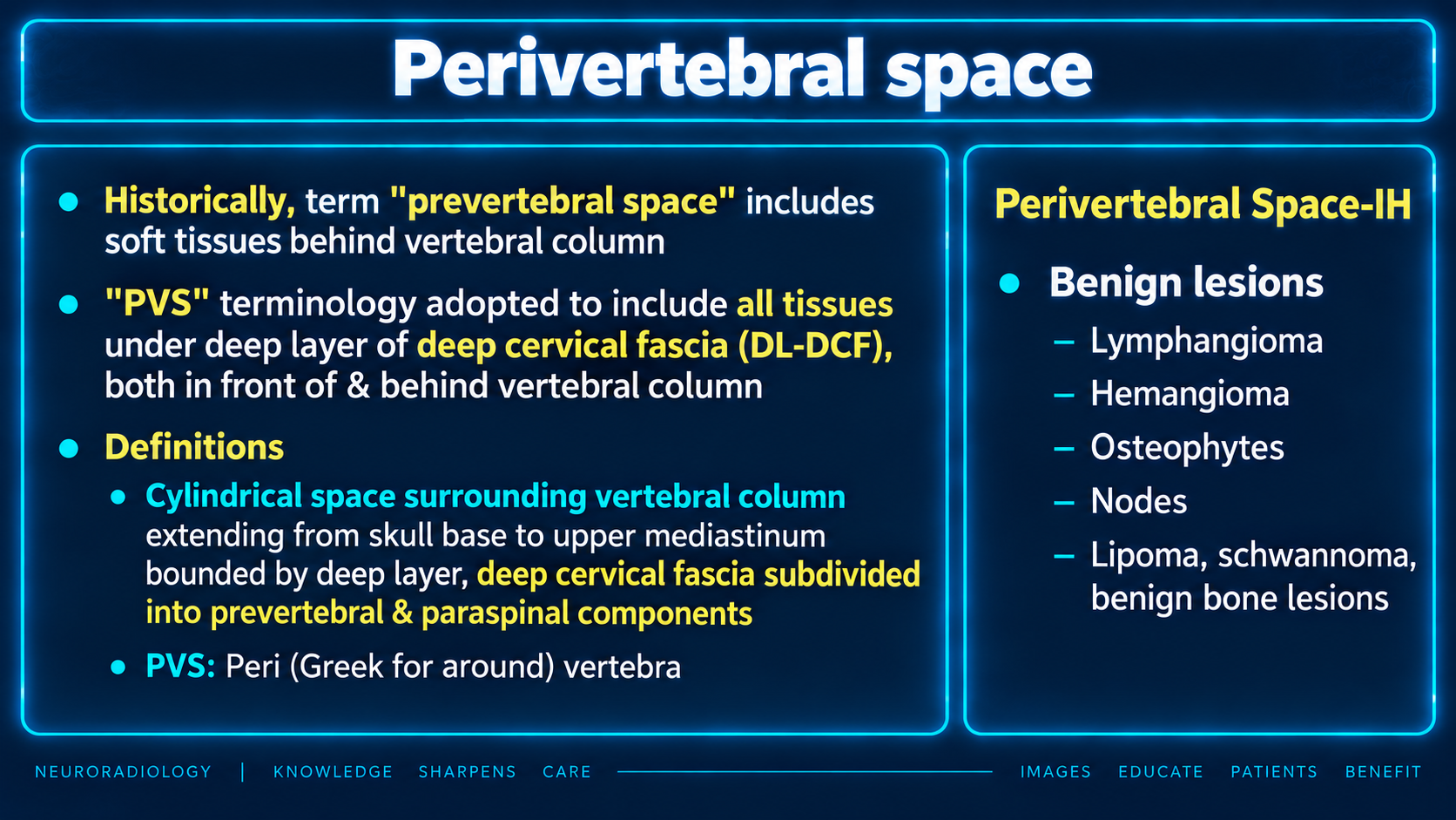 Teaching slide defining the perivertebral space and listing benign lesions under the supplied heading Perivertebral Space-IH.