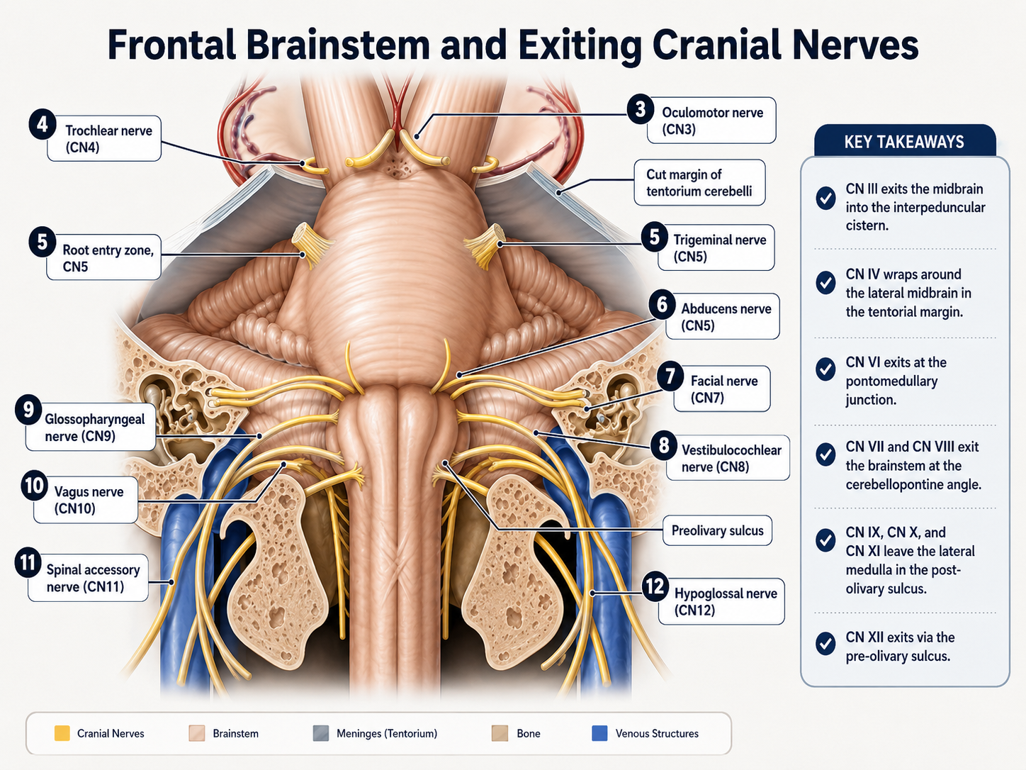 Frontal brainstem and exiting cranial nerves