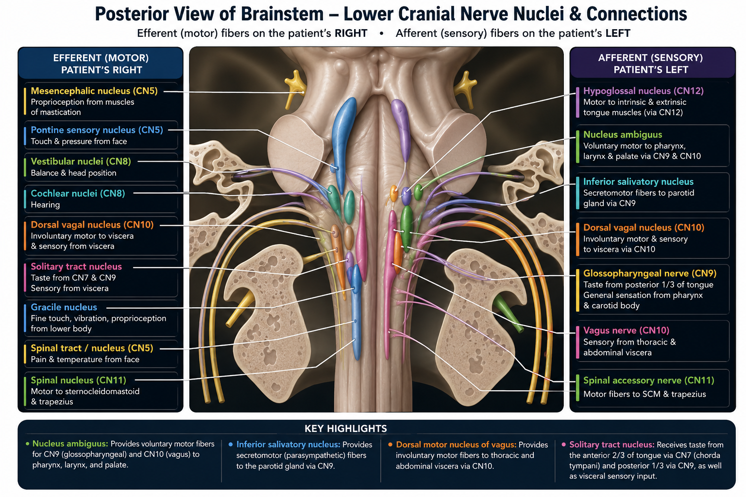 Posterior lower cranial nerve nuclei and connections