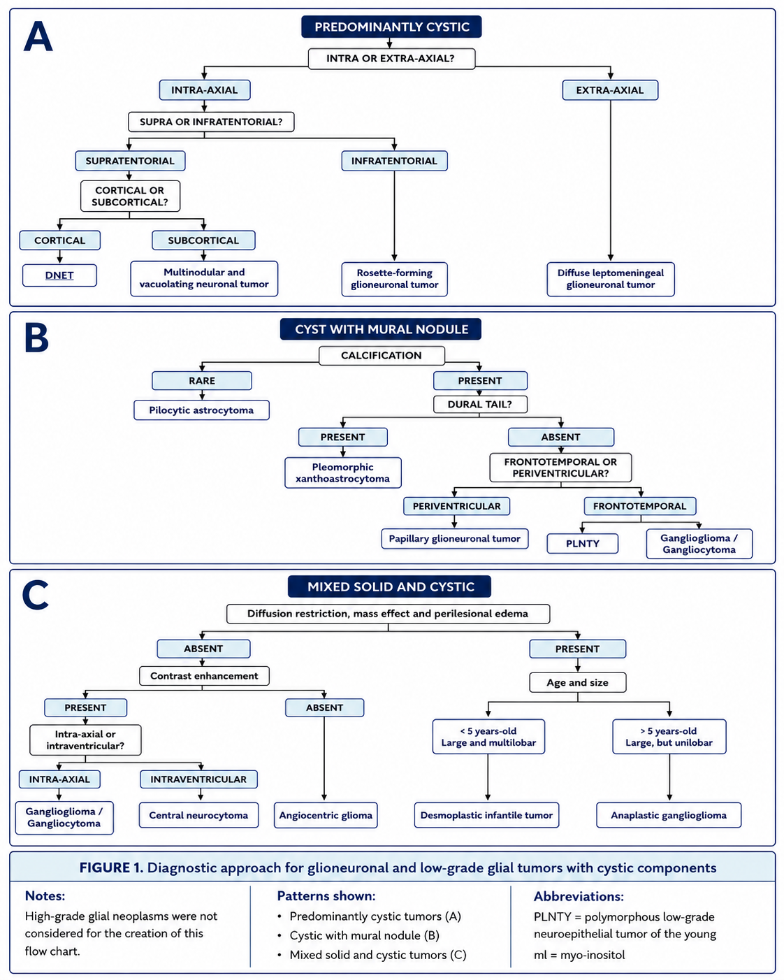 Diagnostic approach for glioneuronal and low-grade glial tumors with cystic components